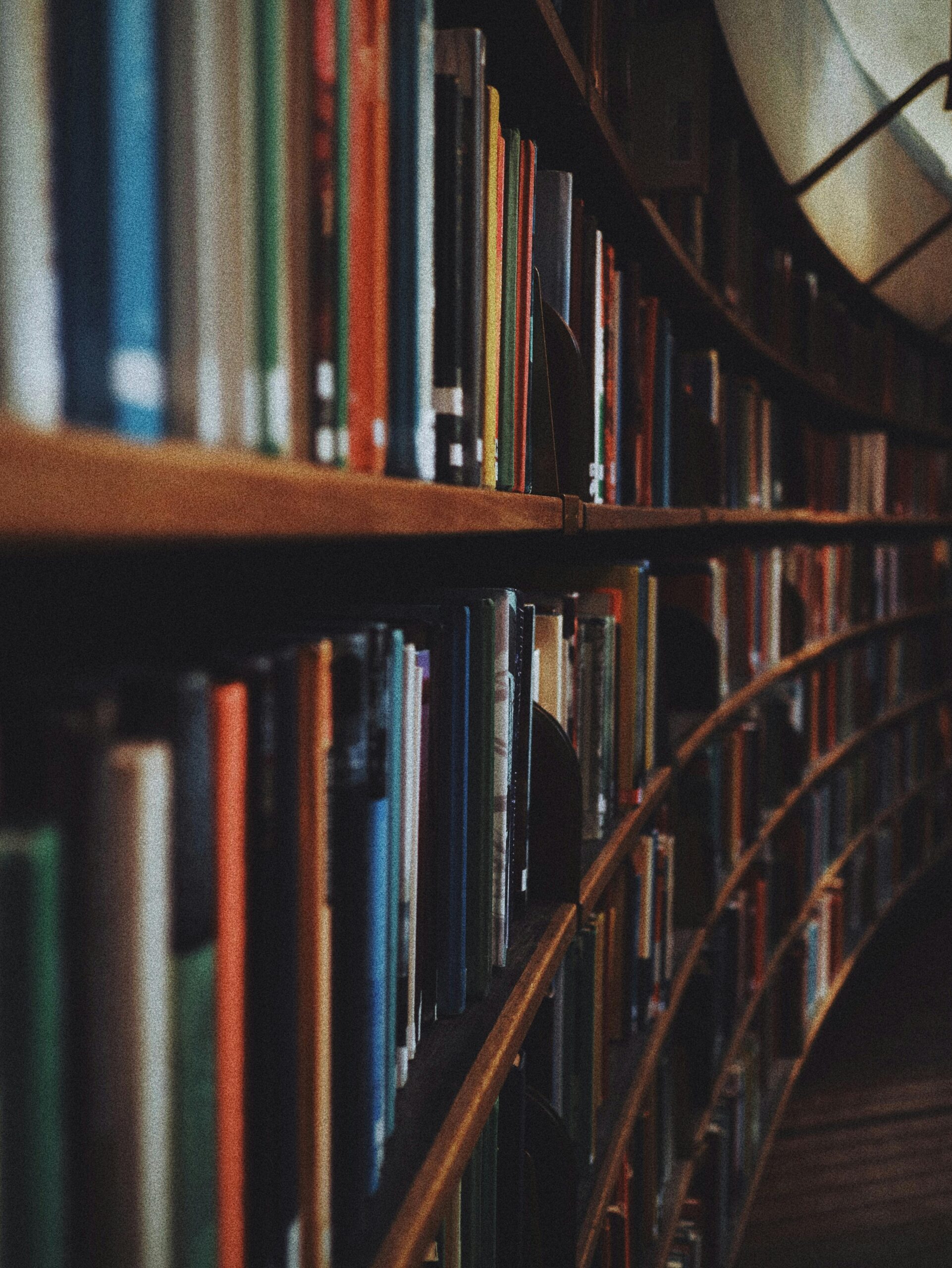Home Warm-toned image of curved library bookshelves filled with books in Stockholm.